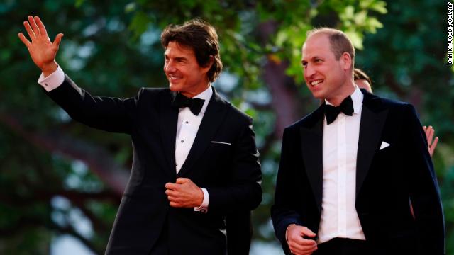 Prince William and Tom Cruise wave to ''Top Gun'' fans.