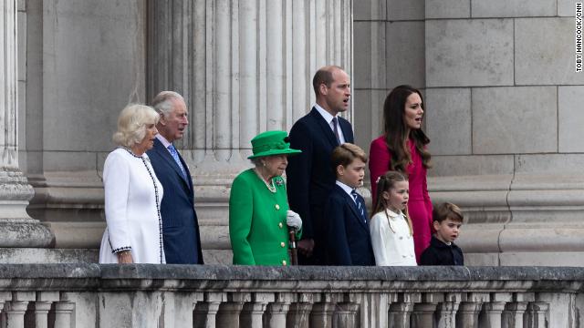 The Queen was flanked by three generations of her family -- Prince Charles and his wife, Camilla, Duchess of Cornwall, as well as Prince William and Catherine, Duchess of Cambridge, and their three children.