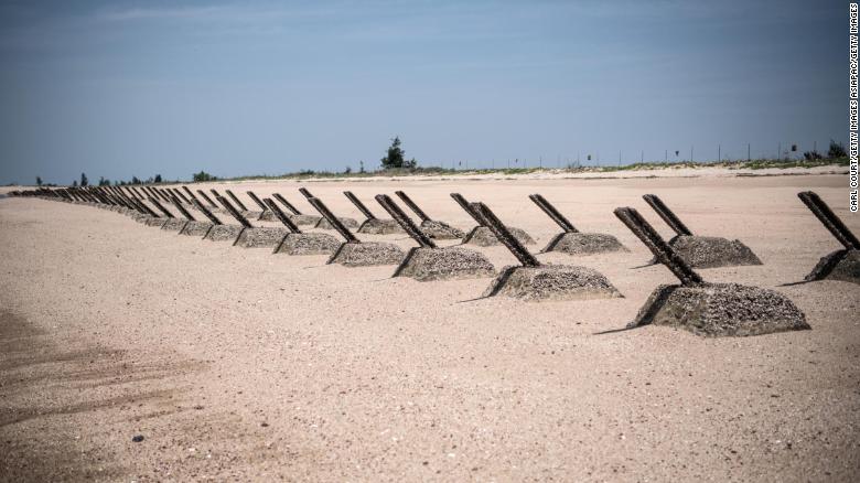 Anti-landing barricades are positioned on a beach facing China on the Taiwanese island of Kinmen, which at points lies only a few miles from mainland China, on April 19, 2018