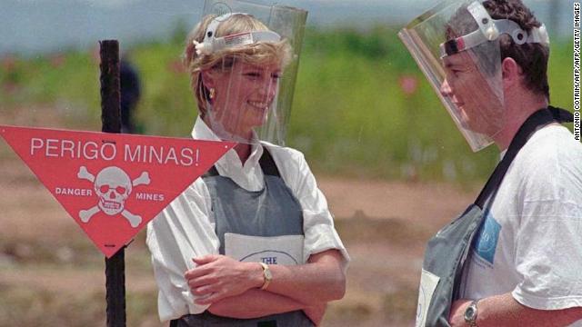 Britain's Princess Diana visits a minefield near Huambo, Angola, in 1997.