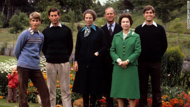 Queen Elizabeth II with the Duke of Edinburgh and their children Prince Edward, Prince Charles, Princess Anne, and Prince Andrew, at Balmoral.