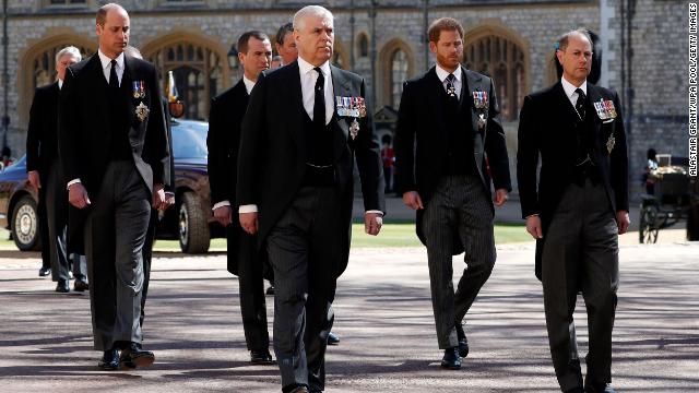 Prince William, Duke of Cambridge, Prince Andrew, Duke of York,  Prince Harry, Duke of Sussex and Prince Edward, Earl of Wessex during the funeral of Prince Philip, Duke of Edinburgh at Windsor Castle on April 17, 2021 in Windsor, England. 