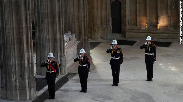 The end of the funeral was marked by the Buglers of the Royal Marines sounding ''Action Stations,'' an announcement that would traditionally be made on a naval warship to signify that all hands should go to battle stations.