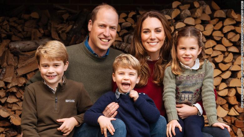 This autumn 2020 image provided by Kensington Palace shows the 2020 Christmas card of Britain's Prince William, Duke of Cambridge, and Catherine, Duchess of Cambridge, with their children, Prince George, left, Prince Louis, center, and Princess Charlotte. 