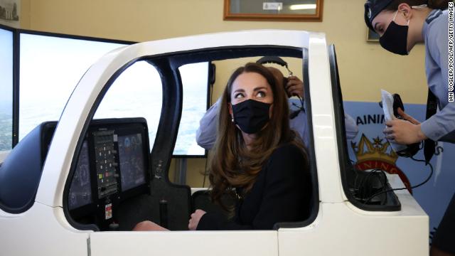 The Duchess of Cambridge sits in a flight simulator on April 21, 2021.