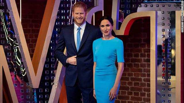 Waxworks of Harry and Meghan at Madame Tussauds in London.