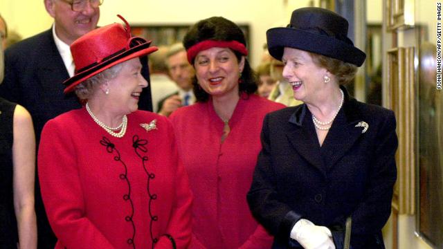 The Queen chats with Margaret Thatcher at the National Portrait Gallery in London on May 4, 2000.