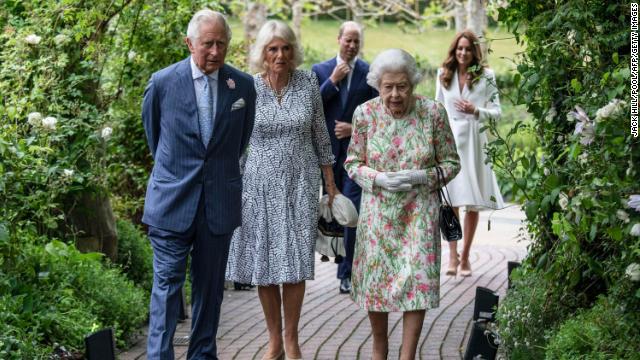 The Queen and other senior royals attend a reception with G7 leaders at The Eden Project in south west England on June 11, 2021. 