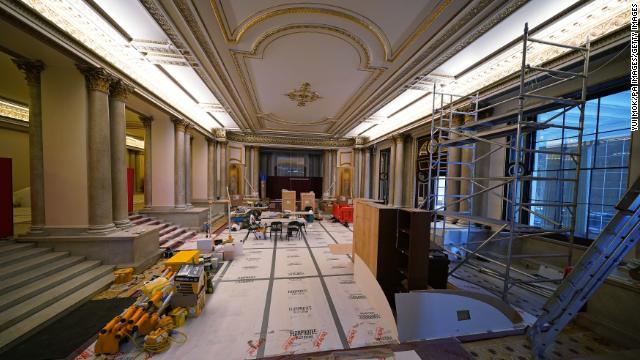 The scene in the Grand Entrance Hall amid building work. 