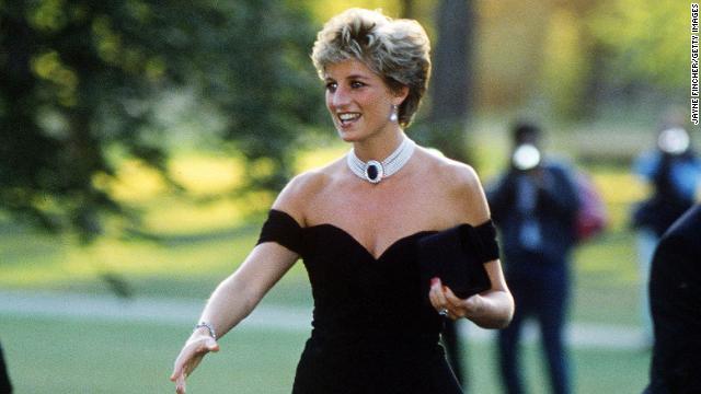 Princess Diana arriving at the Serpentine Gallery in London in a gown by Christina Stambolian in 1994. 