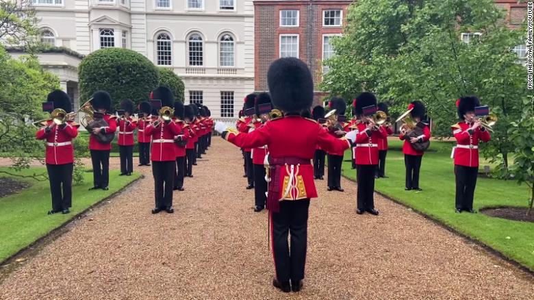 The band of the Coldstream Guards played ''Three Lions'' and ''Sweet Caroline'' at Clarence House at Prince Charles's request.