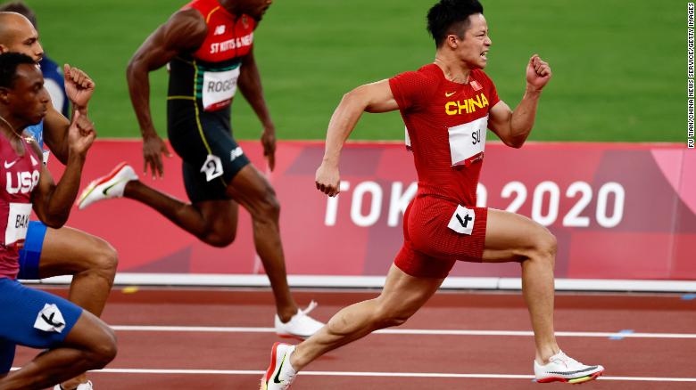 Su Bingtian of China competes in the Olympics men's 100m semi-final on August 1.