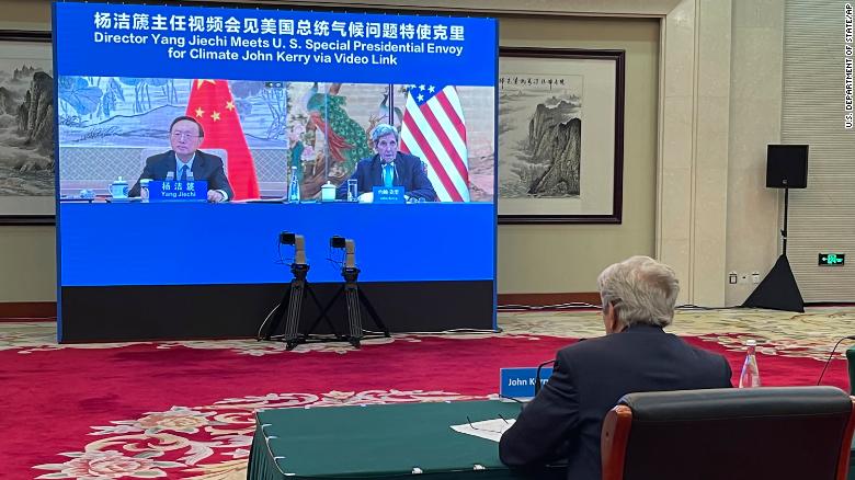 US Climate Envoy John Kerry attending a virtual meeting on September 2 in Tianjin, China, where he held talks with his Chinese counterpart.