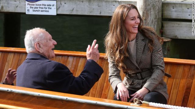 Catherine, Duchess of Cambridge on a boat trip on Lake Windermere in the Lake District National Park, northwest England, speaking with two former ''Windermere Children,'' a group of 300 child Holocaust survivors who came to stay in the area in 1945 to convalesce after experiencing the atrocities of Nazi concentration camps. 