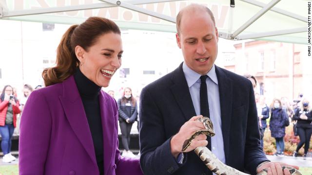 The Duke of Cambridge handles a snake during their tour of the Ulster University Magee Campus on September 29 in Londonderry, Northern Ireland. 