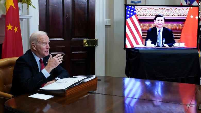 US President Joe Biden meets virtually with Chinese President Xi Jinping from the Roosevelt Room of the White House in Washington on Monday.