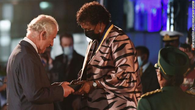 Sandra Mason awards Prince Charles, Prince of Wales with the Order of Freedom of Barbados.