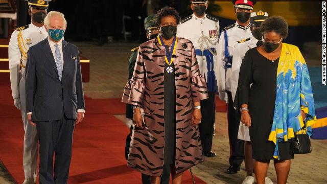 The Prince of Wales is joined by President of Barbados Sandra Mason and Prime Minister of Barbados Mia Mottley at a ceremony to mark Barbados’s transition to a republic within the Commonwealth.