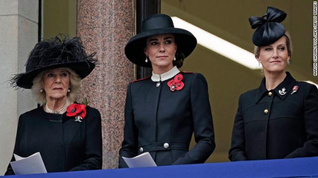 (L-R) Britain's Camilla, Duchess of Cornwall, Catherine, Duchess of Cambridge and Sophie, Countess of Wessex at the Remembrance Sunday ceremony at the Cenotaph on Whitehall in central London, on November 14, 2021.