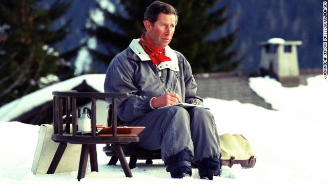 Prince Charles painting with watercolours In Klosters, Switzerland.