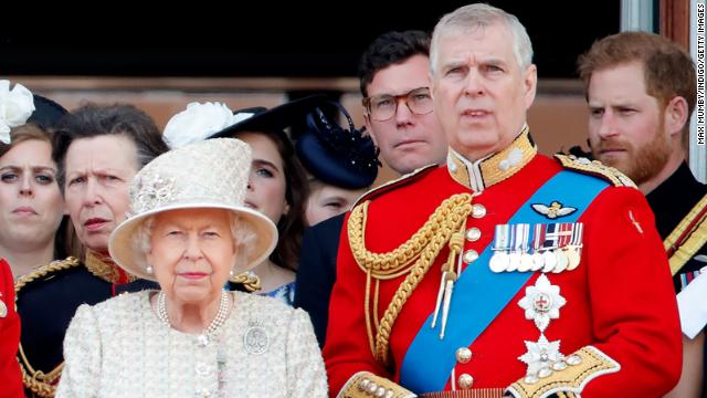 Prince Andrew stands with his mother and other members of the royal family during Trooping The Colour, the Queen's annual birthday parade, on June 8, 2019 in London, England. 