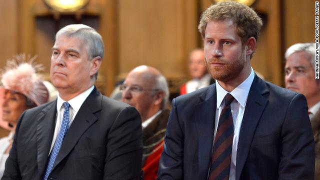 Princes Andrew and Prince Harry during a reception at the Guildhall following the National Service of Thanksgiving for Queen Elizabeth II's 90th birthday at St Paul's Cathedral on June 10, 2016 in London, United Kingdom.