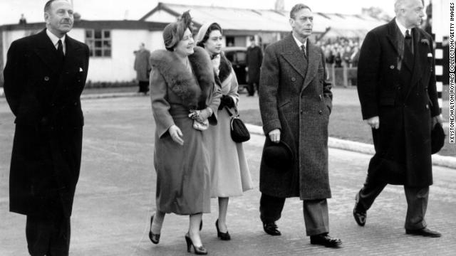 King George VI, with wife Queen Elizabeth and daughter Princess Margaret at London airport on January 31,1952 as Princess Elizabeth and the Duke of Edinburgh left for a Commonwealth tour, which was ultimately cut short by the king's death.