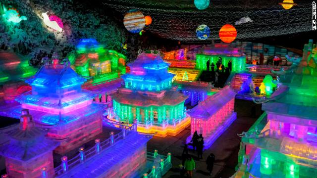 Ice sculptures at the Longqingxia Ice and Snow Festival in Beijing on February 15.