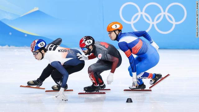 Hwang Dae-heon of South Korea competes during the men's 1,500m short track speed skating final.