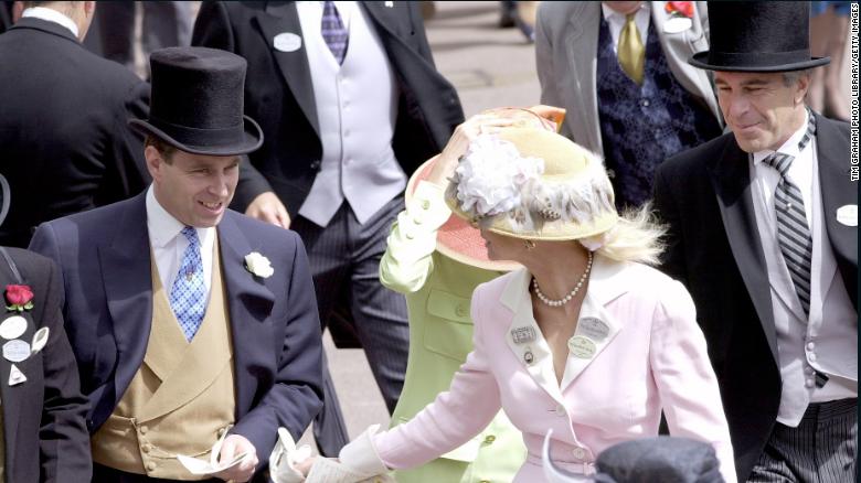 Prince Andrew and Jeffrey Epstein (far right) pictured together at the Ascot horse races.