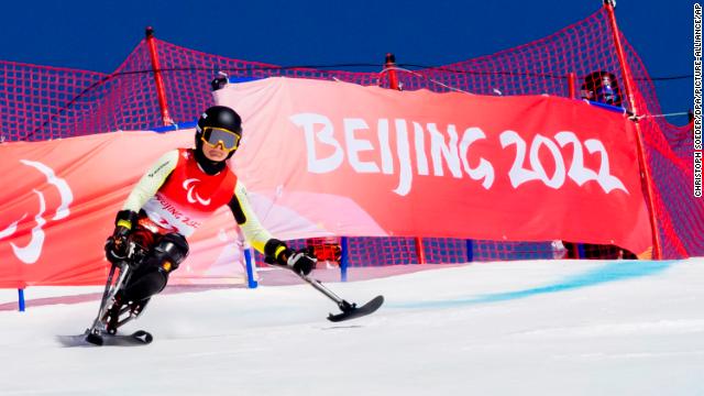 Germany's Anna-Lena Forster training for the downhill sitting alpine skiing event at the Paralympic Games in Beijing on March 3.