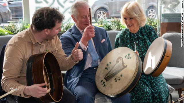 Prince Charles appears to be having a whale of a time on a bodhrán drum during a visit to the Irish Cultural Centre in London in the run-up to St. Patrick’s Day.