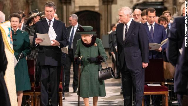 The Queen arrives in Westminster Abbey accompanied by Prince Andrew for the Service Of Thanksgiving for the Duke Of Edinburgh on March 29, 2022 in London, England. 