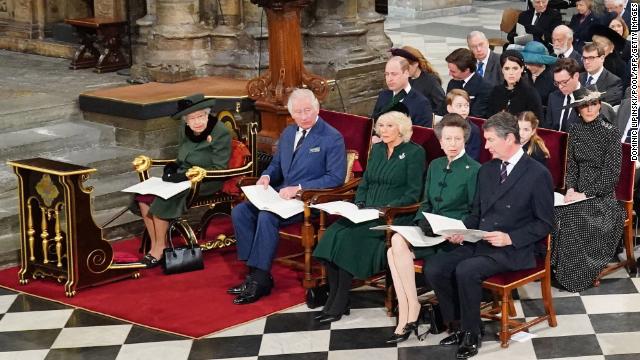 The Queen was surrounded by her family for the service, a sight worlds away from the image of the grieving monarch who was forced to sit alone at Philip’s funeral last year due to pandemic measures.