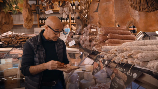 Tucci is stunned by this butcher's joke