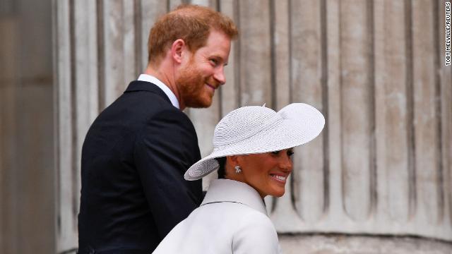 The Sussexes attend a thanksgiving service for the Queen on June 3 in London. 