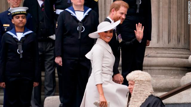 Harry and Meghan arrive for a service of thanksgiving for the reign of Queen Elizabeth II at St Paul's Cathedral in London on Friday.