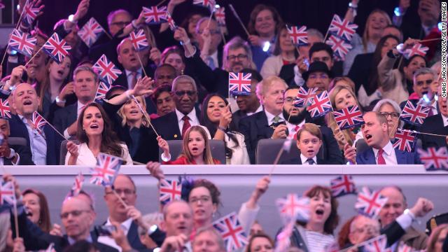 Members of the royal family singalong at the jubilee concert on Saturday night. 