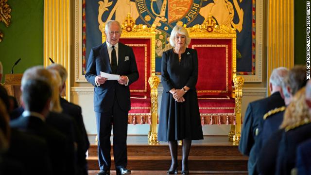 King Charles III makes a speech after receiving a message of condolence at Hillsborough Castle in Belfast on Tuesday.