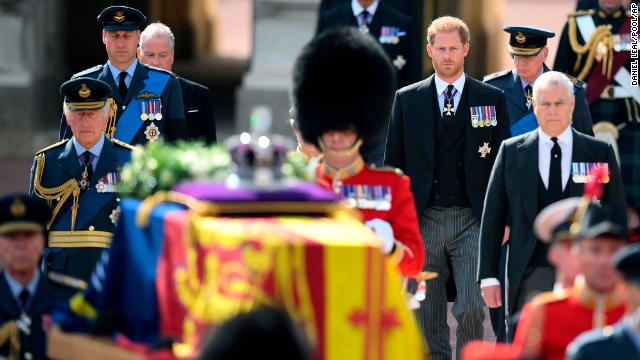 The King walks with his family behind the Queen's coffin on Wednesday.