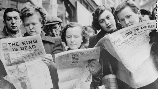 Londoners read the news of King George's death on February 6, 1952. He was 56 years old when he died in his sleep from a coronary thrombosis.