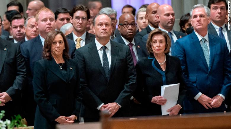 Vice President Kamala Harris, her husband Doug Emhoff, House Speaker Nancy Pelosi of Calif., and House Minority Leader Kevin McCarthy of Calif., were among the attendees. 