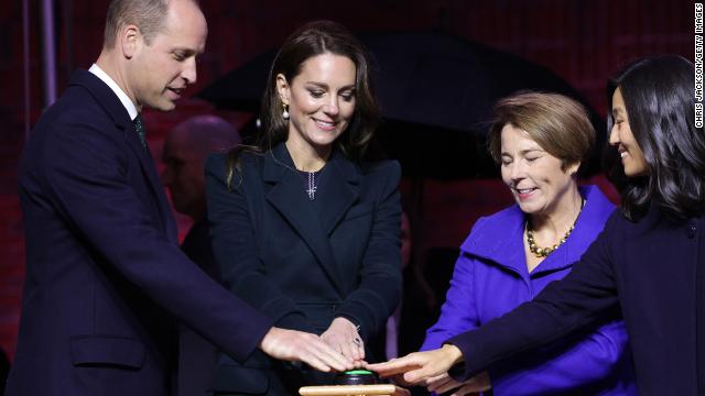 The couple were then joined by Mayor Michelle Wu and Massachusetts Governor-elect Maura Healey to help formally start the city's Earthshot celebrations, and with the push of a button lit the civic building and other landmarks in green.