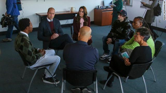 Earlier in the day, the senior royals had traveled to Chelsea, Massachusetts, to visit Roca, a non-profit that focuses on preventing violence particularly in young people between the ages of 16 and 24. Here, they are seen in conversation with members of the young men's program.