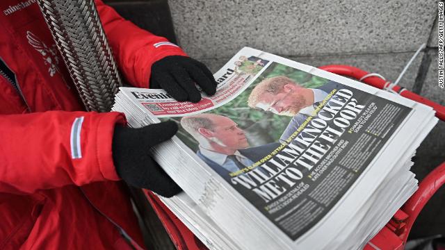 Copies of London's The Evening Standard newspaper on Thursday lead with stories about Prince Harry's new book. 