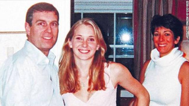 A photograph appearing to show Prince Andrew with Jeffrey Epstein's accuser Virginia Roberts Giuffre and, in the background, Ghislaine Maxwell.