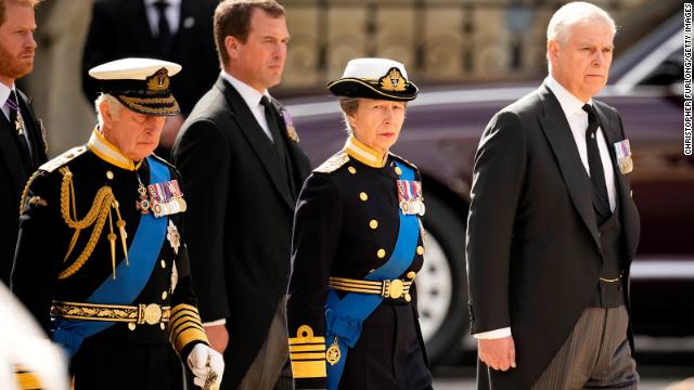 Prince Andrew participates in the procession with the King and other members of the royal family departing Westminster Abbey following Queen Elizabeth II's funeral last September.