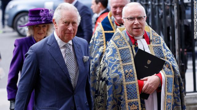 Charles and Camilla arrive at Westminster Abbey for last year's Commonwealth Day service ceremony.