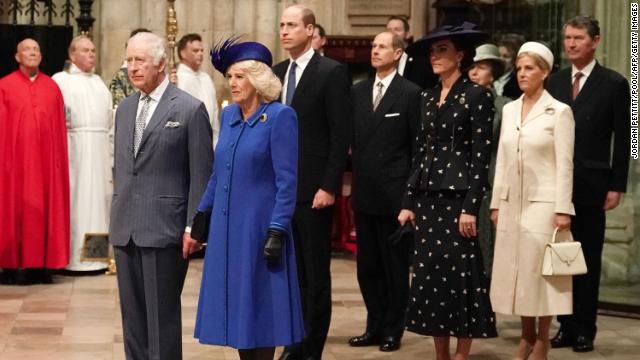 Britain's King Charles III leads members of the royal family into Westminster Abbey for the Commonwealth Day service ceremony on March 13, 2023.