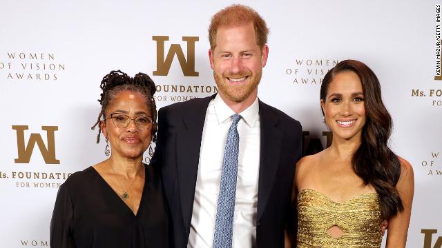 The Sussexes and Meghan's mom Doria pose on arrival at the Women of Vision Awards on Tuesday night in New York City.